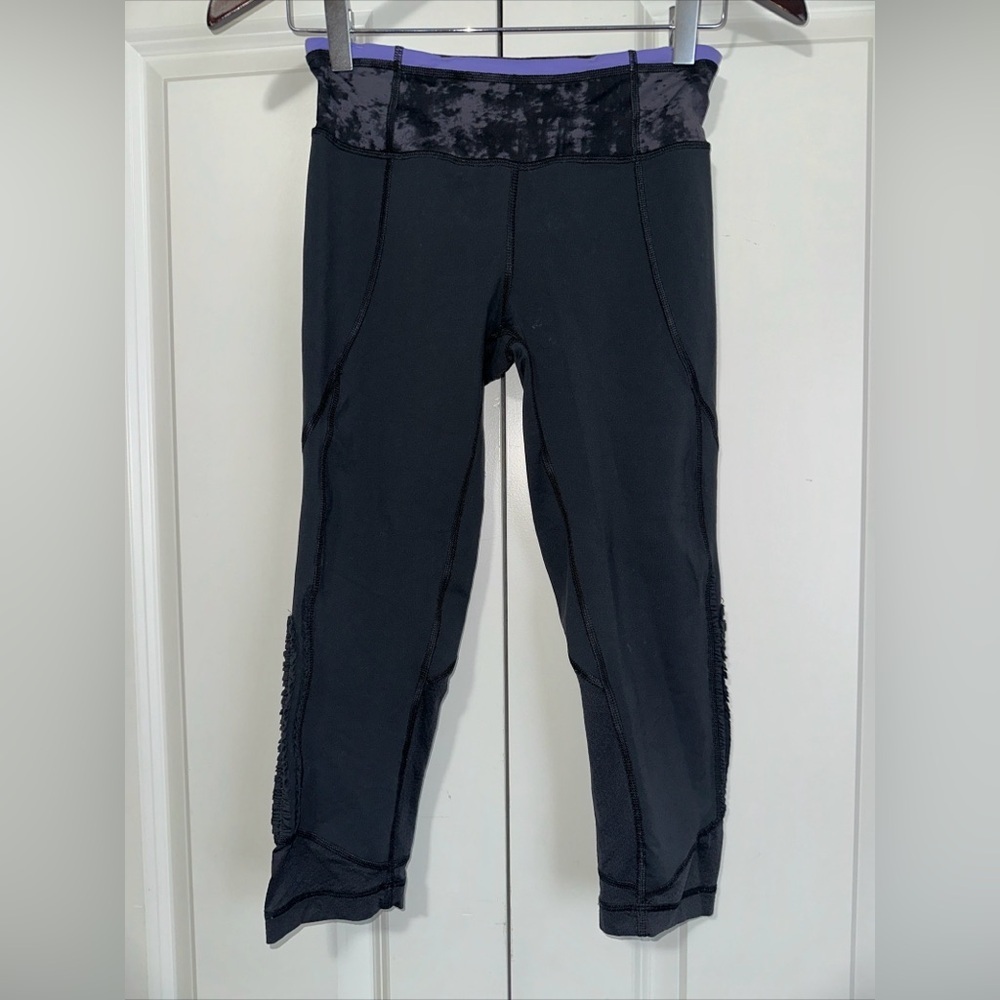 lululemon athletica Black Capri Leggings with Purple Waistband Trim
